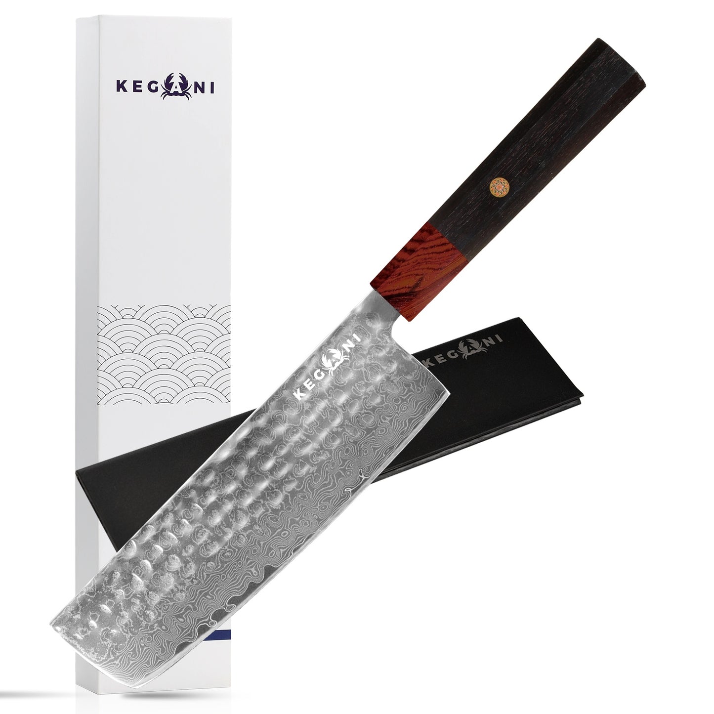 Kegani Damascus Japanese Chef Knife – 67 Layers VG-10 Steel Hammered Blade with Rosewood Handle Nakiri Knife