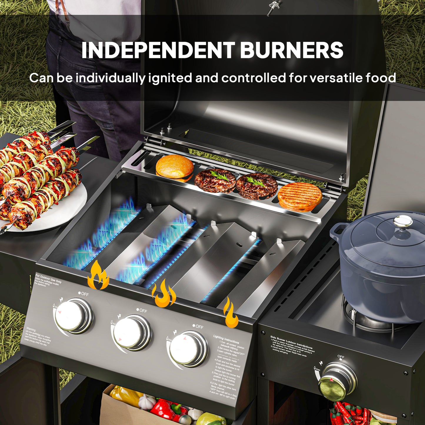 3-Burner Propane Gas Grill with Side Burner | 310 Sq. In. Cooking Area & Storage Cabinet