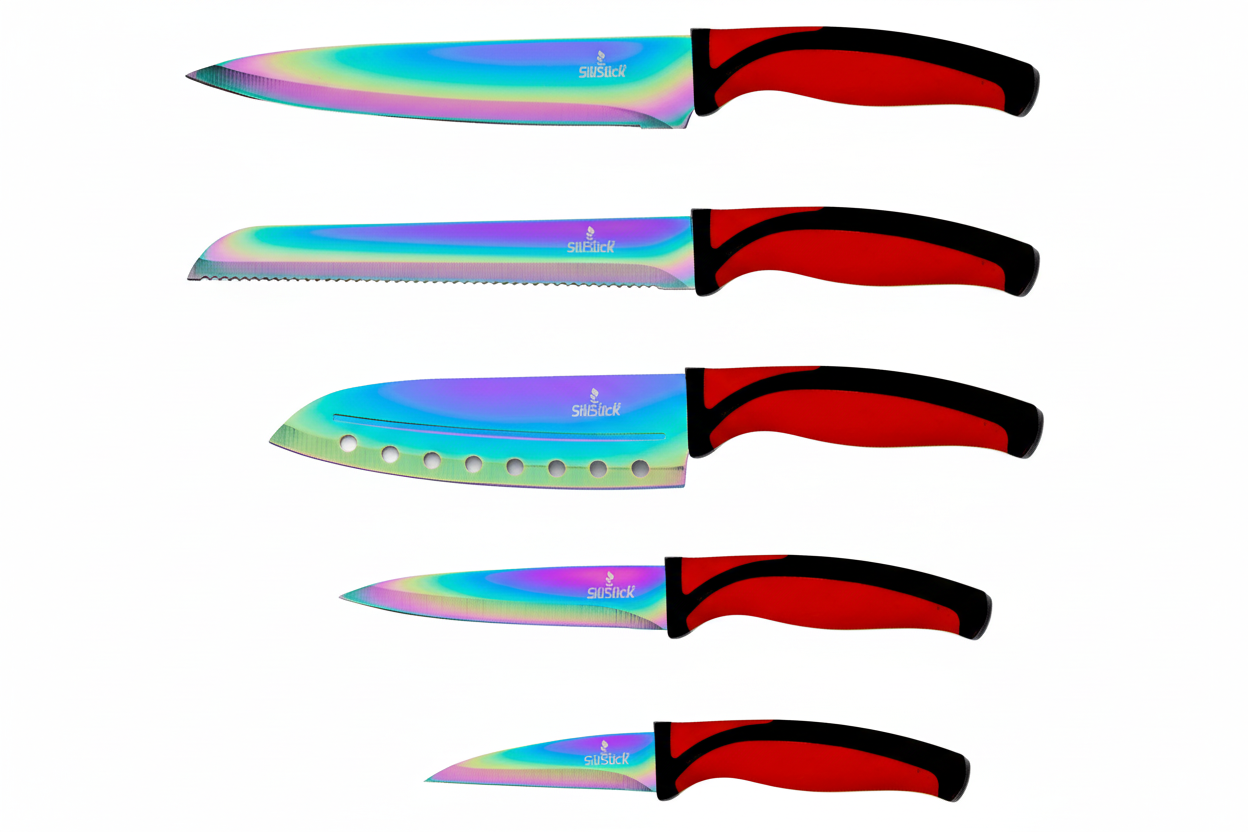 Kitchen Knife Set Kit | Red Handle & Black Magnetic Rack