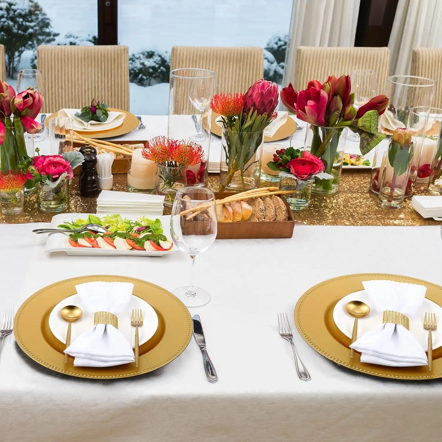 100-Piece Charger Plate & Napkin Ring Set – 50 Beaded Plastic 13” Charger Plates with 50 Napkin Rings