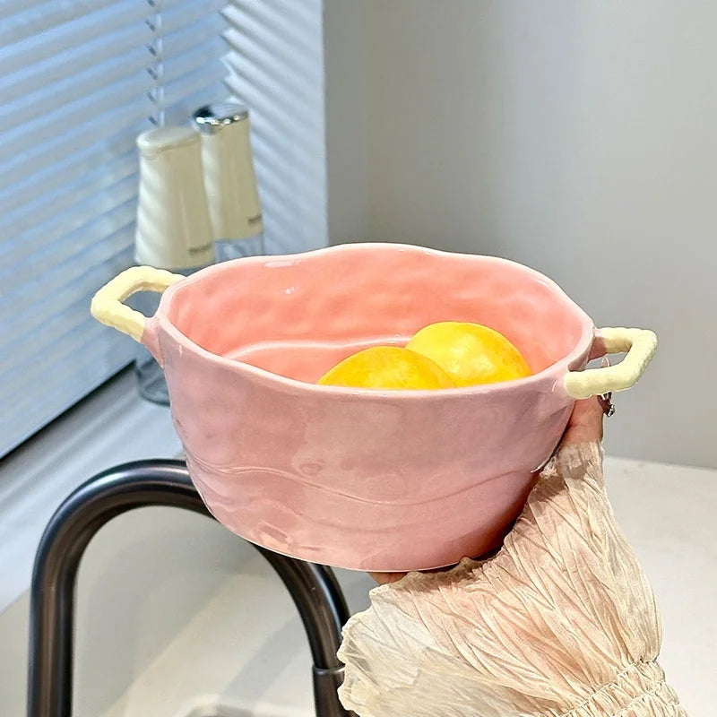 Cute Double-Eared Ceramic Soup Bowl Color block double-handled soup bowl - strawberry pink