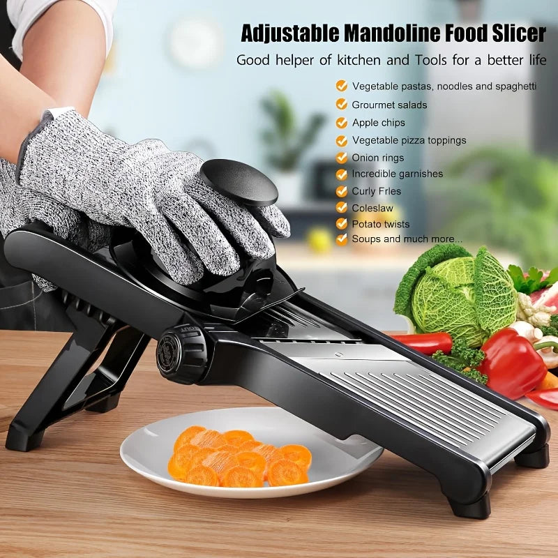 Adjustable mandoline food slicer with sliced carrots on a plate, surrounded by vegetables.