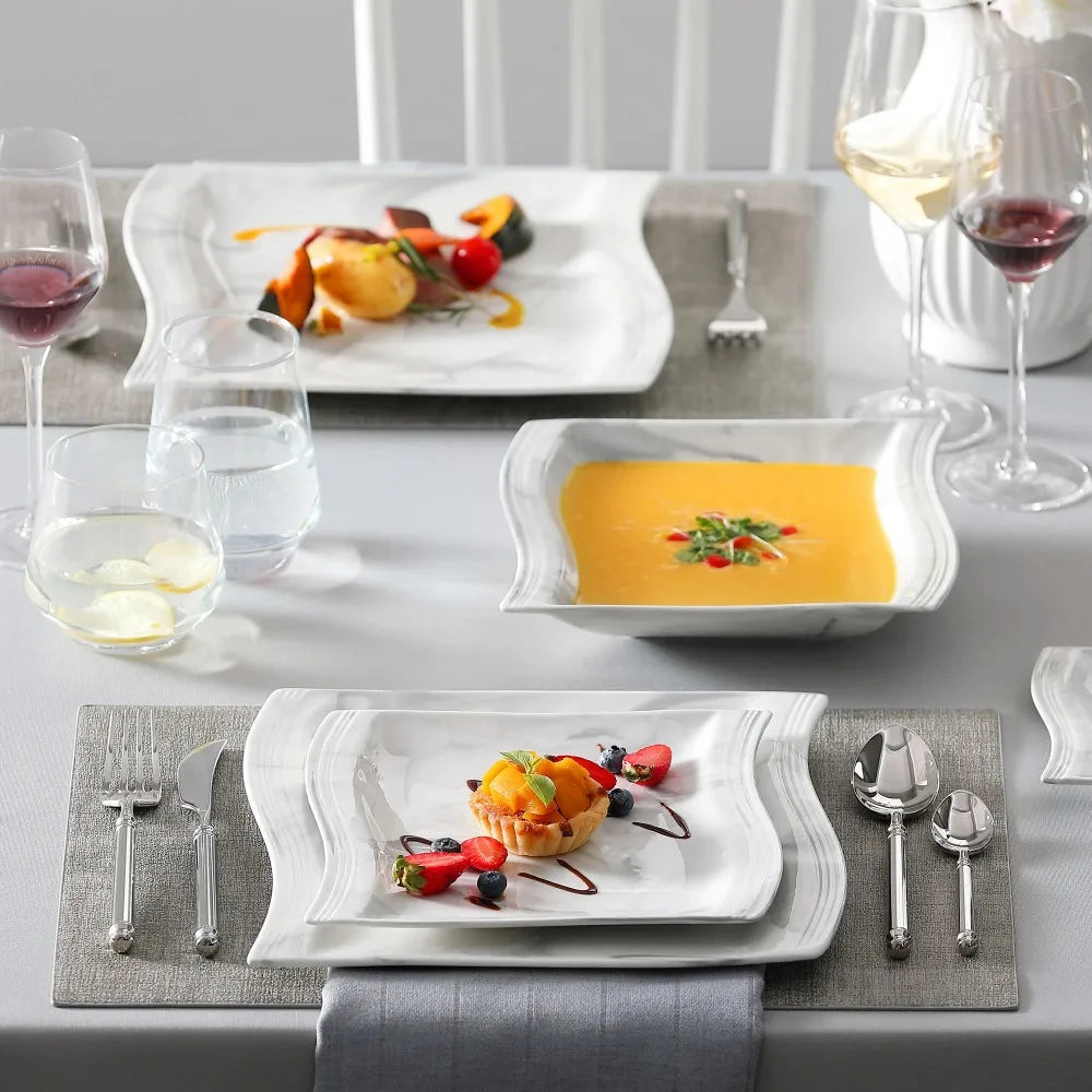 MALACASA FLORA 30-Piece Marble Porcelain Dinnerware Set – Complete Tableware Service for 6