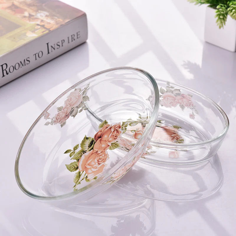 Golden Rose Plate Set Glass Dishes Retro Elegant Microwave Baking Tray Oval Baked Rice Salad Plate Large Capacity Food Container
