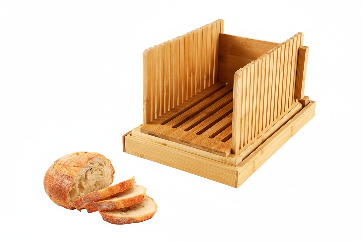 Wooden bread slicer with dimensions and a loaf of bread on a white background