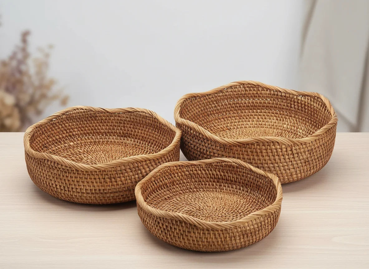 Natural Rattan Bread Baskets Set of 3 - Handwoven Storage
