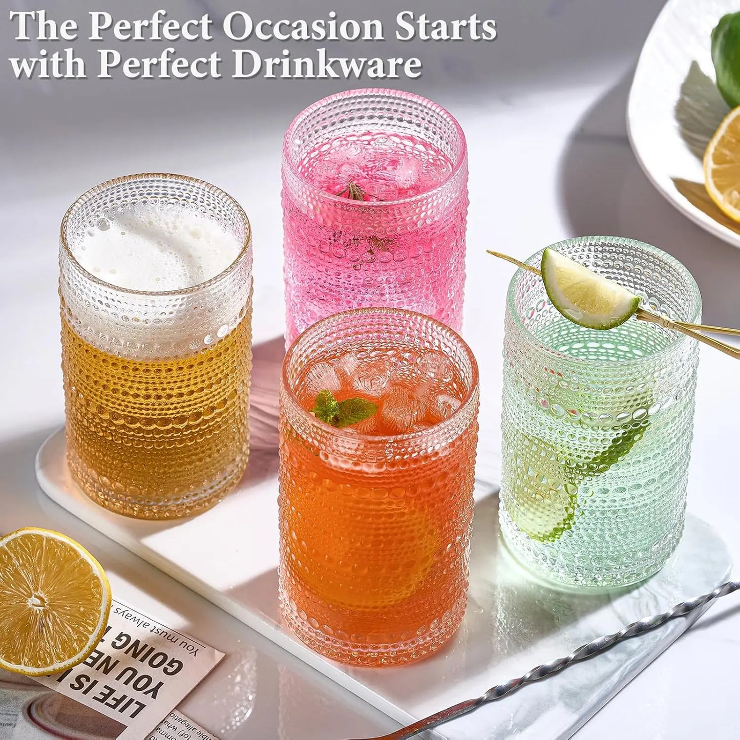 Large Vintage Hobnail Drinking Glasses Set of 6 – 12 oz Embossed Highball Tumblers