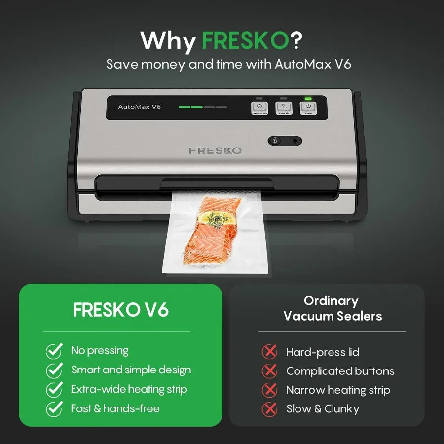 Fresko AutoMax V6 vacuum sealer with a salmon package on a dark background
