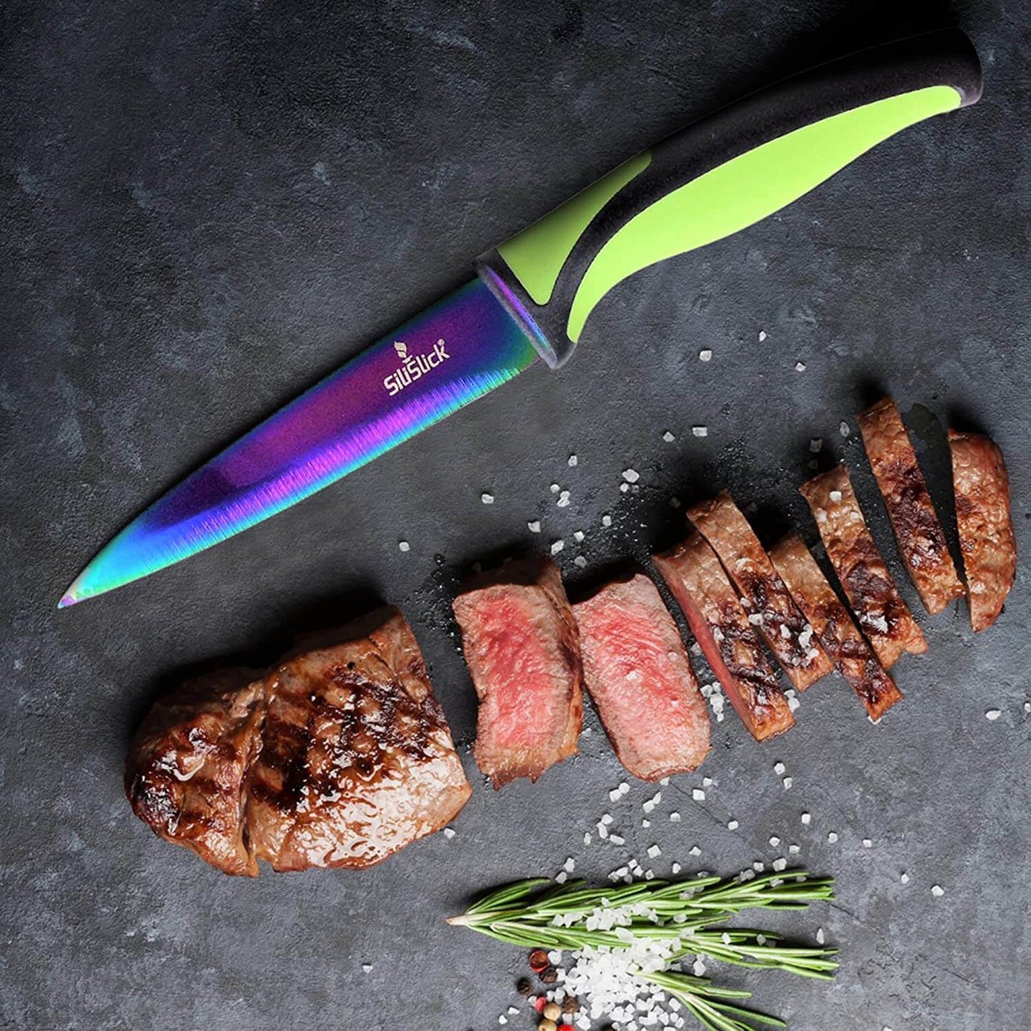 Steak Knife Set 6 Rainbow Titanium Coated Blades & Green Handles