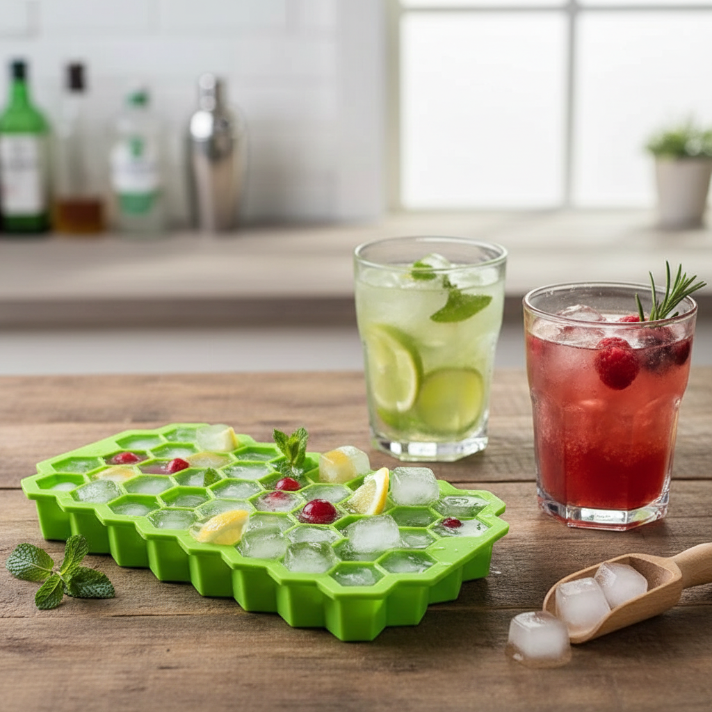 Honeycomb ice tray with fruit f=drinks on butcherblock counter