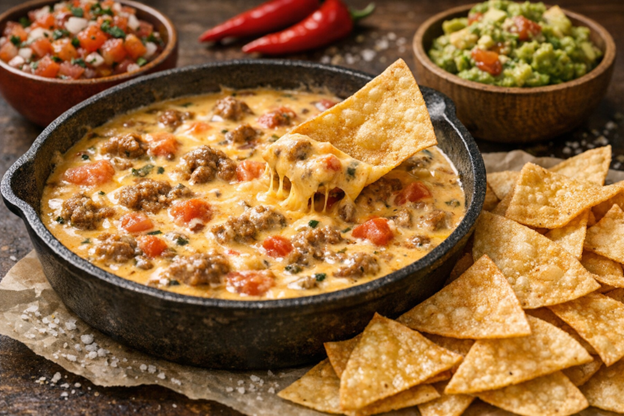 A Meal in Itself: Queso Dip with Sausage and Fried Tortilla Chips