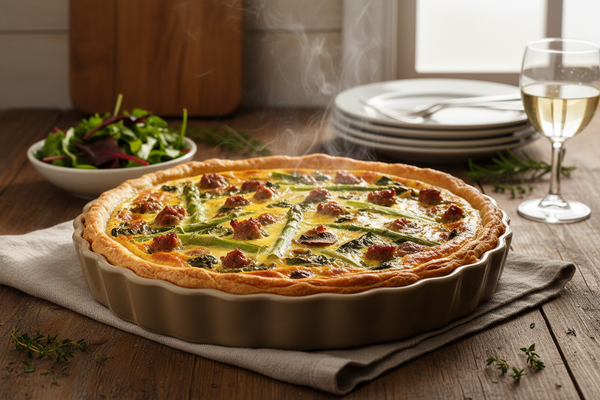 Asparagus-Mushroom-Sausage-Spinach Quiche with Homemade Pie Crust