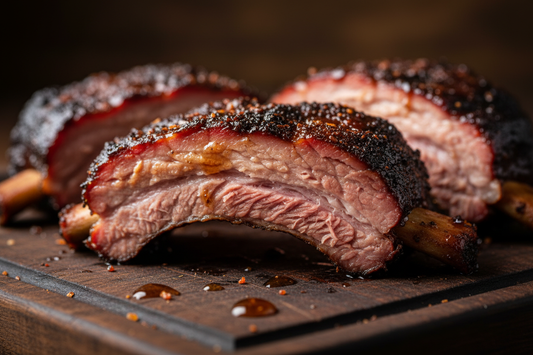 Competition-quality smoked baby back ribs with a beautiful dark bark, sliced to show juicy tender meat, on a rustic wooden cutting board