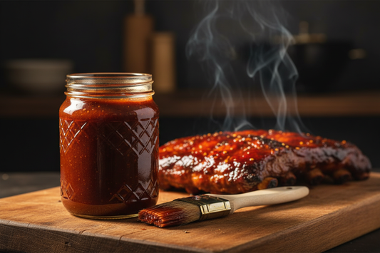 Homemade Cattleman's-style BBQ sauce in a glass jar, tangy and smoky with a rich deep red color, on a rustic wooden surface