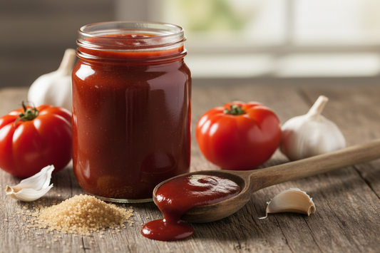 Homemade classic sweet BBQ sauce in a glass jar with a rich, thick, deep red color, surrounded by fresh ingredients on a rustic wooden surface
