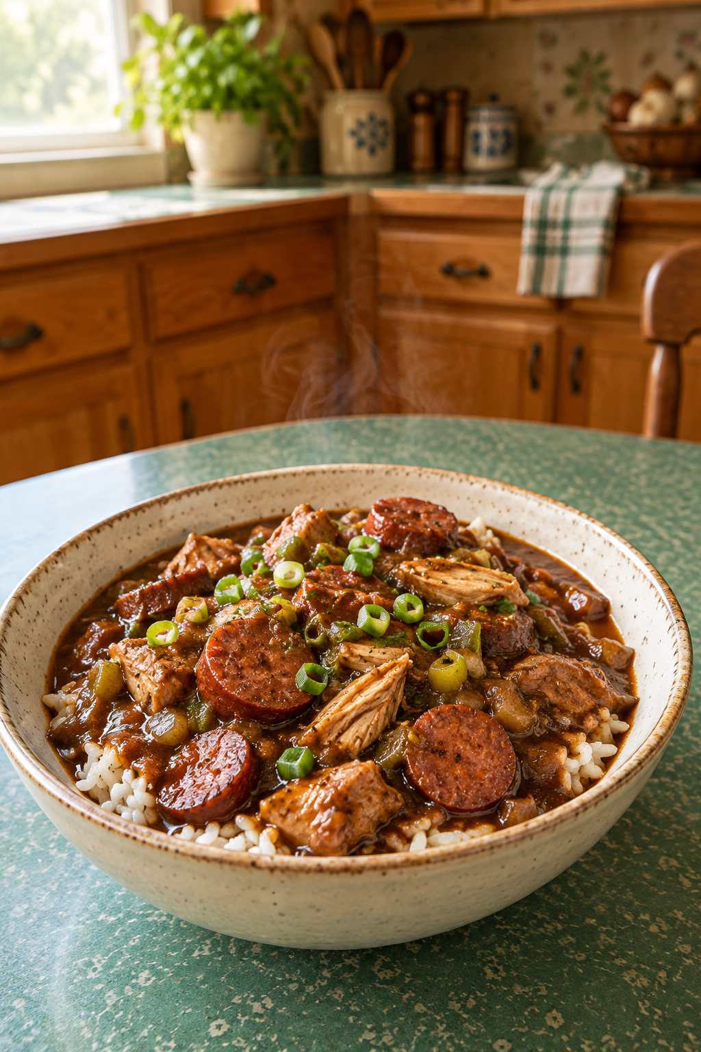 Louisiana-style chicken and andouille gumbo served over rice