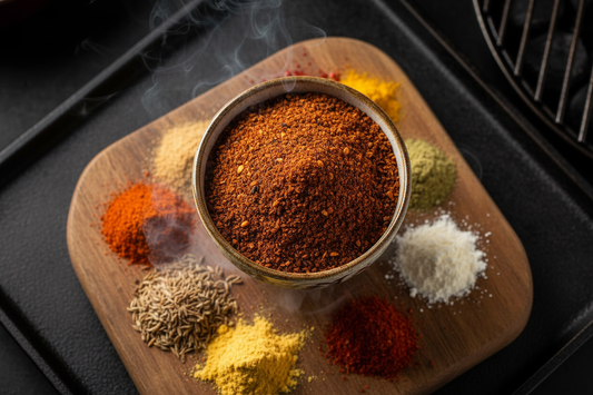 Homemade smoking dry rub seasoning blend in a bowl with spices scattered around on a rustic wooden surface, ready for BBQ