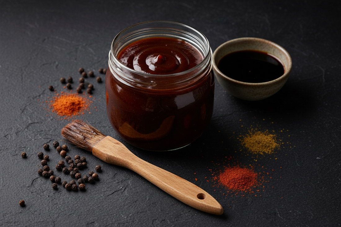 Homemade smoky BBQ sauce with molasses in a glass jar, rich dark color with a thick glossy texture, on a rustic wooden surface with BBQ ingredients