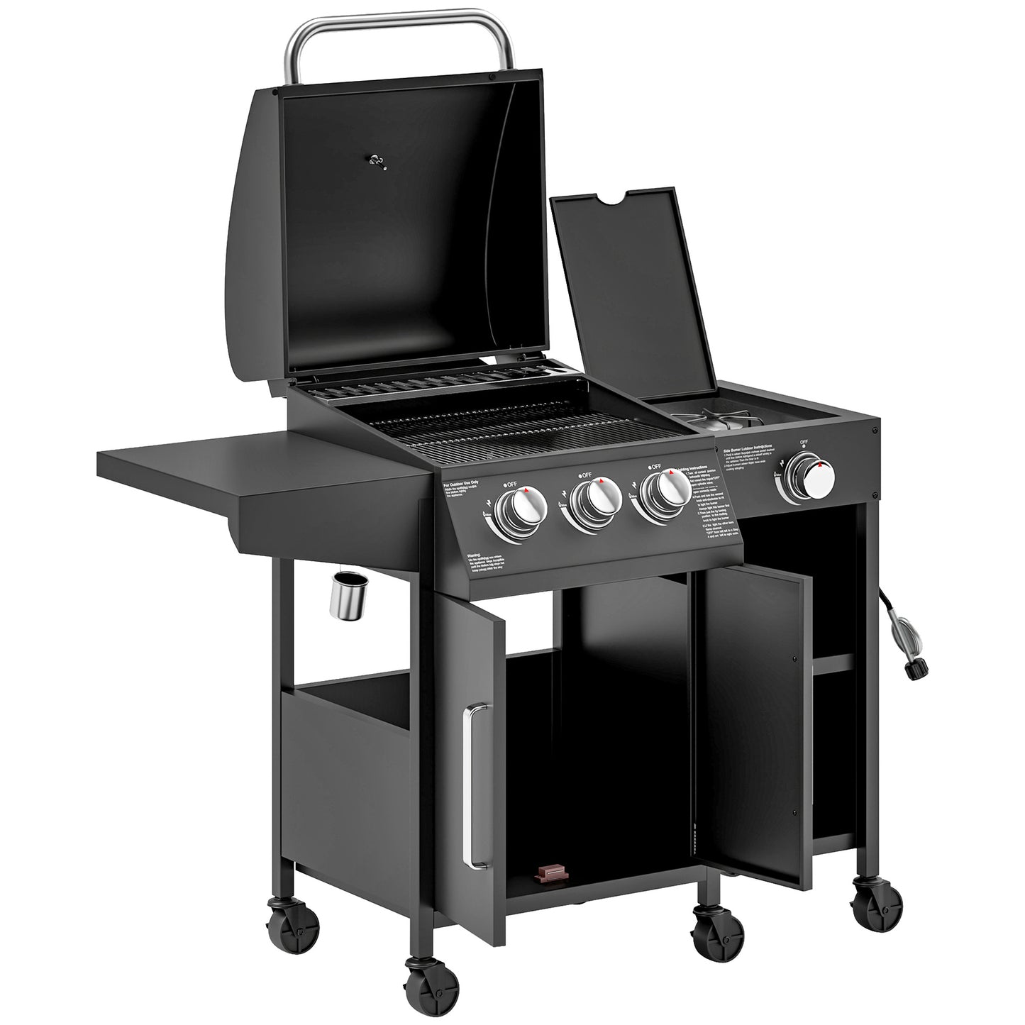 3-Burner Propane Gas Grill with Side Burner | 310 Sq. In. Cooking Area & Storage Cabinet Black