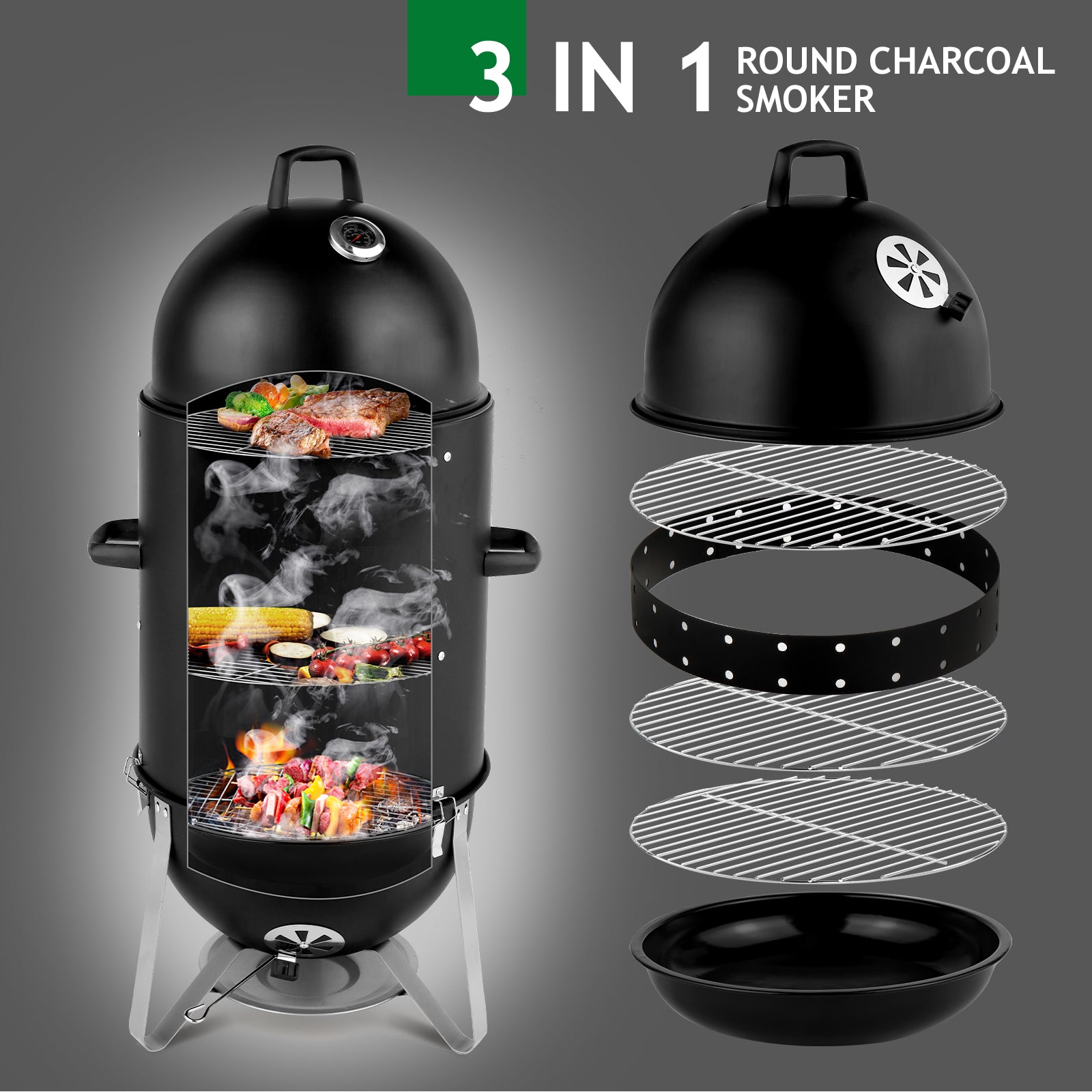 48x48x119cm Oval Cylinder Charcoal Smoker | 3-Layer BBQ Grill with Adjustable Vents