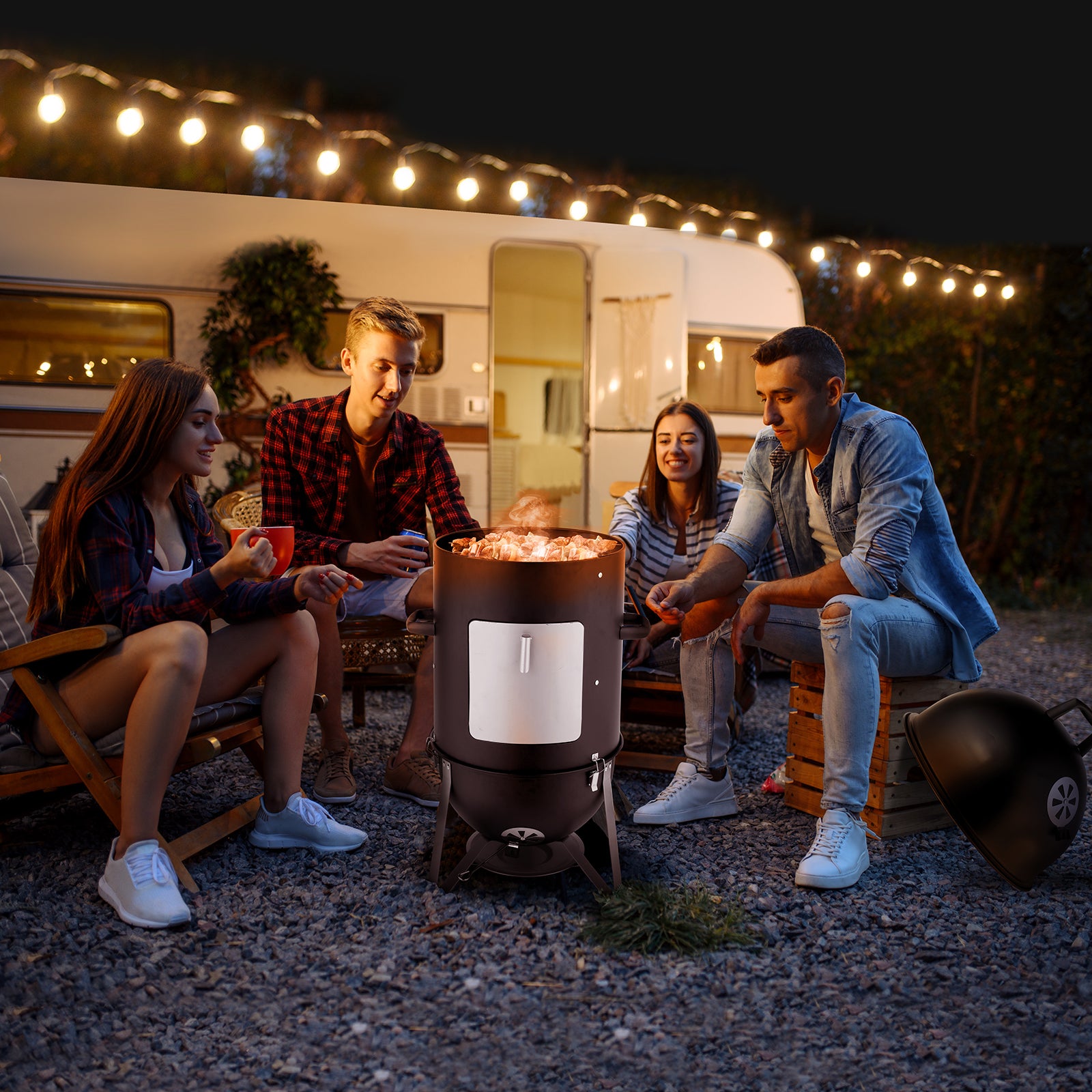 48x48x119cm Oval Cylinder Charcoal Smoker | 3-Layer BBQ Grill with Adjustable Vents