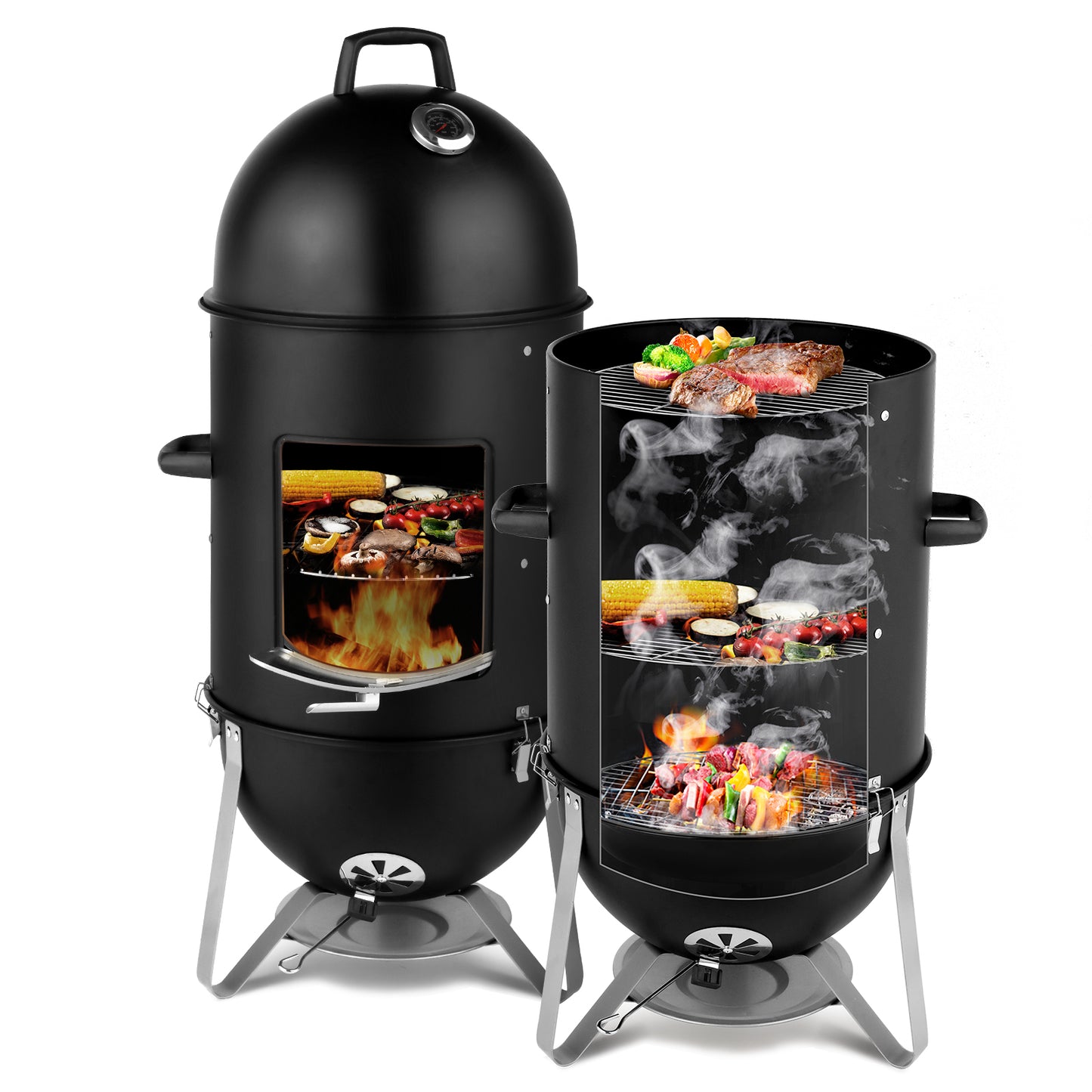48x48x119cm Oval Cylinder Charcoal Smoker | 3-Layer BBQ Grill with Adjustable Vents Black