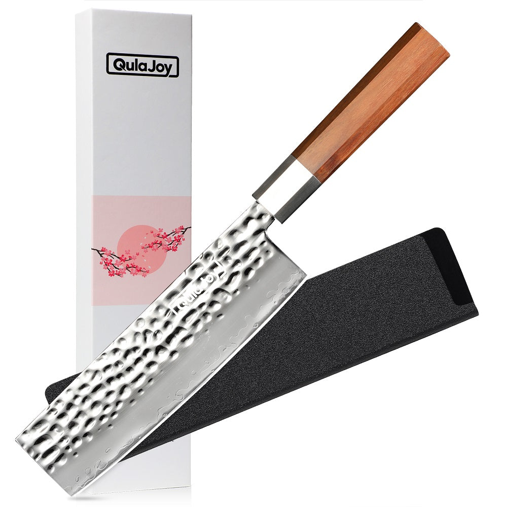 Qulajoy Nakiri Knife 7 Inch – Hammered Japanese Vegetable Knife 9Cr18MoV Mirror Polished Blade