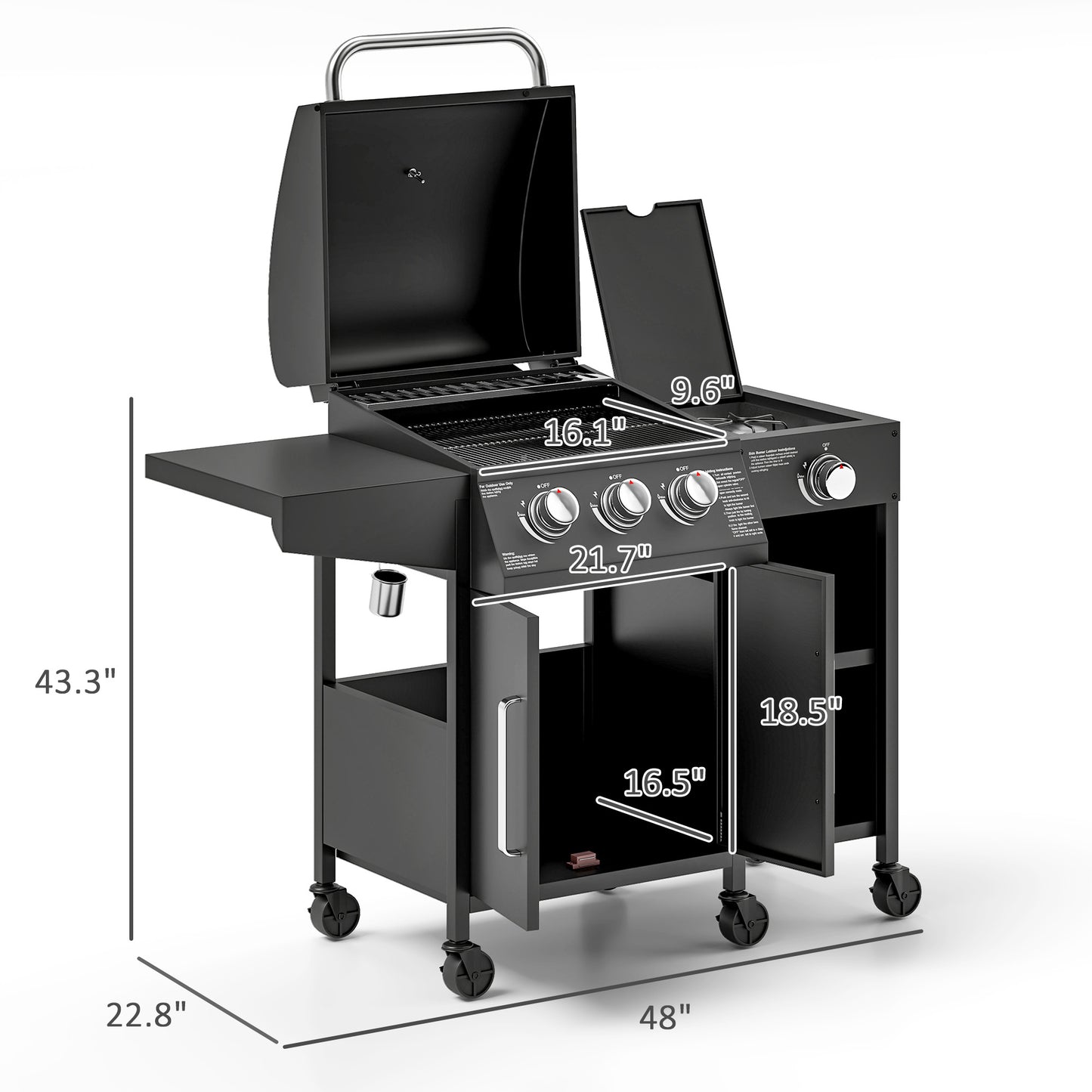 3-Burner Propane Gas Grill with Side Burner | 310 Sq. In. Cooking Area & Storage Cabinet