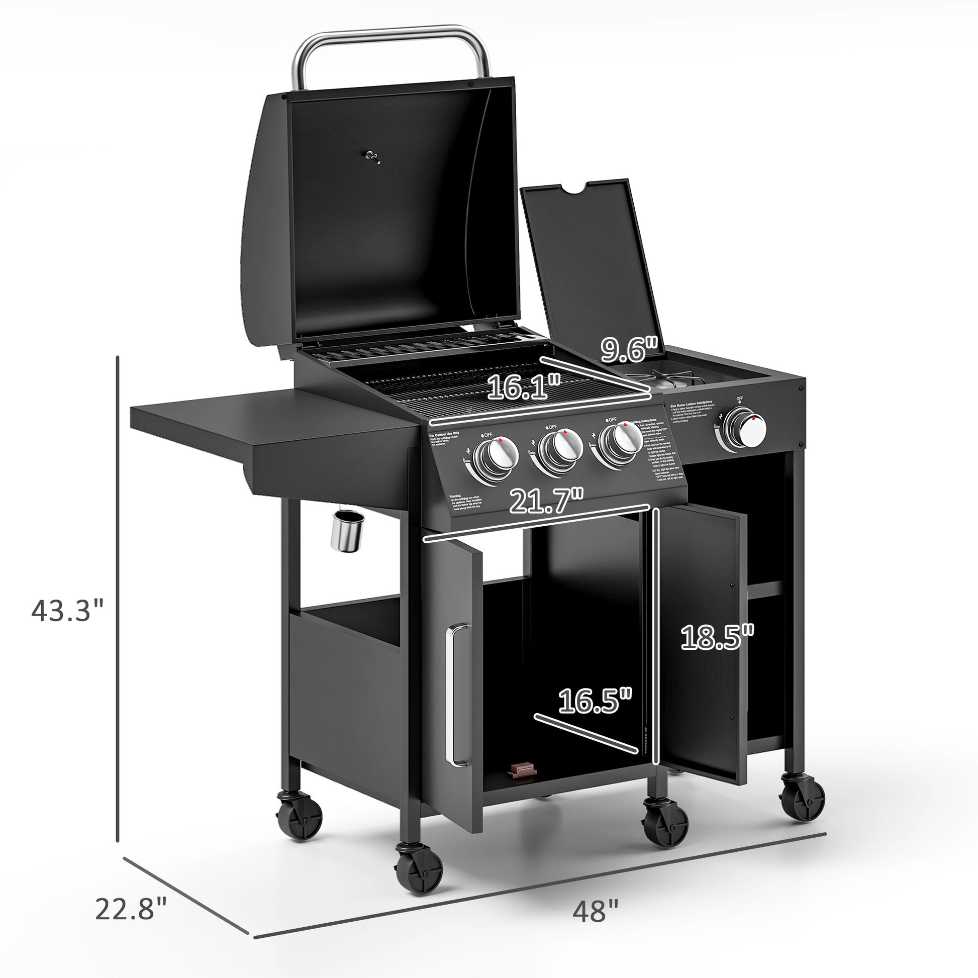 3-Burner Propane Gas Grill with Side Burner | 310 Sq. In. Cooking Area & Storage Cabinet