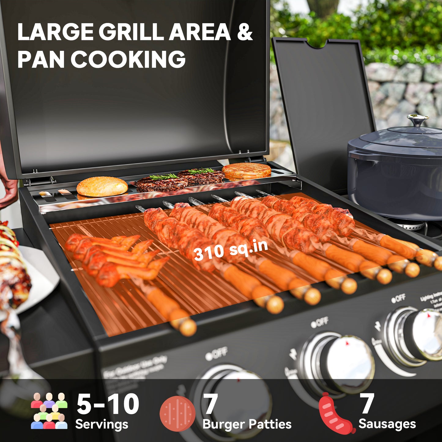 3-Burner Propane Gas Grill with Side Burner | 310 Sq. In. Cooking Area & Storage Cabinet