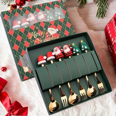 6-Piece Christmas Flatware Set – 3 Serving Spoons & 3 Forks with Festive Holiday Design (Style D)