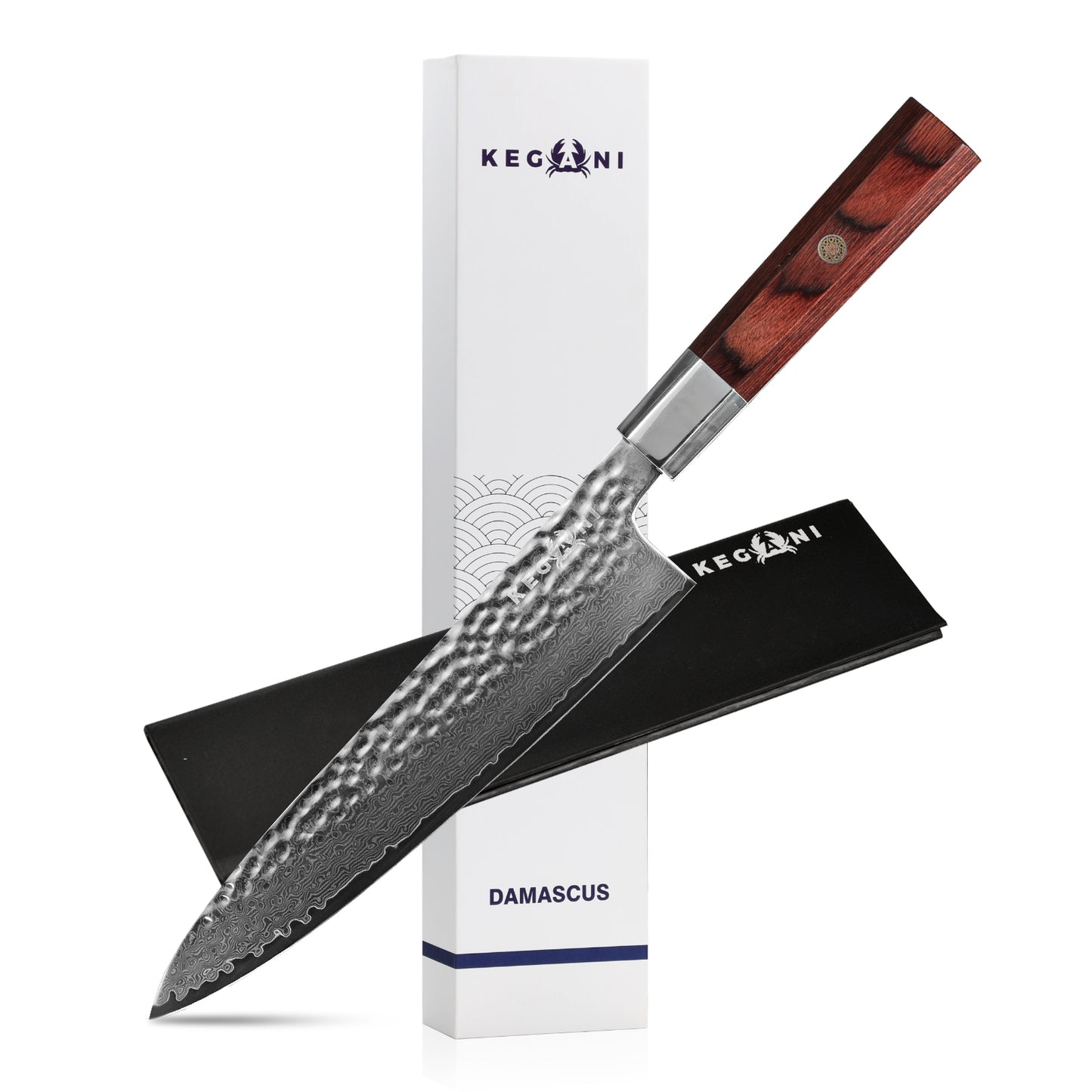 Kegani Damascus Japanese Chef Knife – 67 Layers VG-10 Steel Hammered Blade with Rosewood Handle