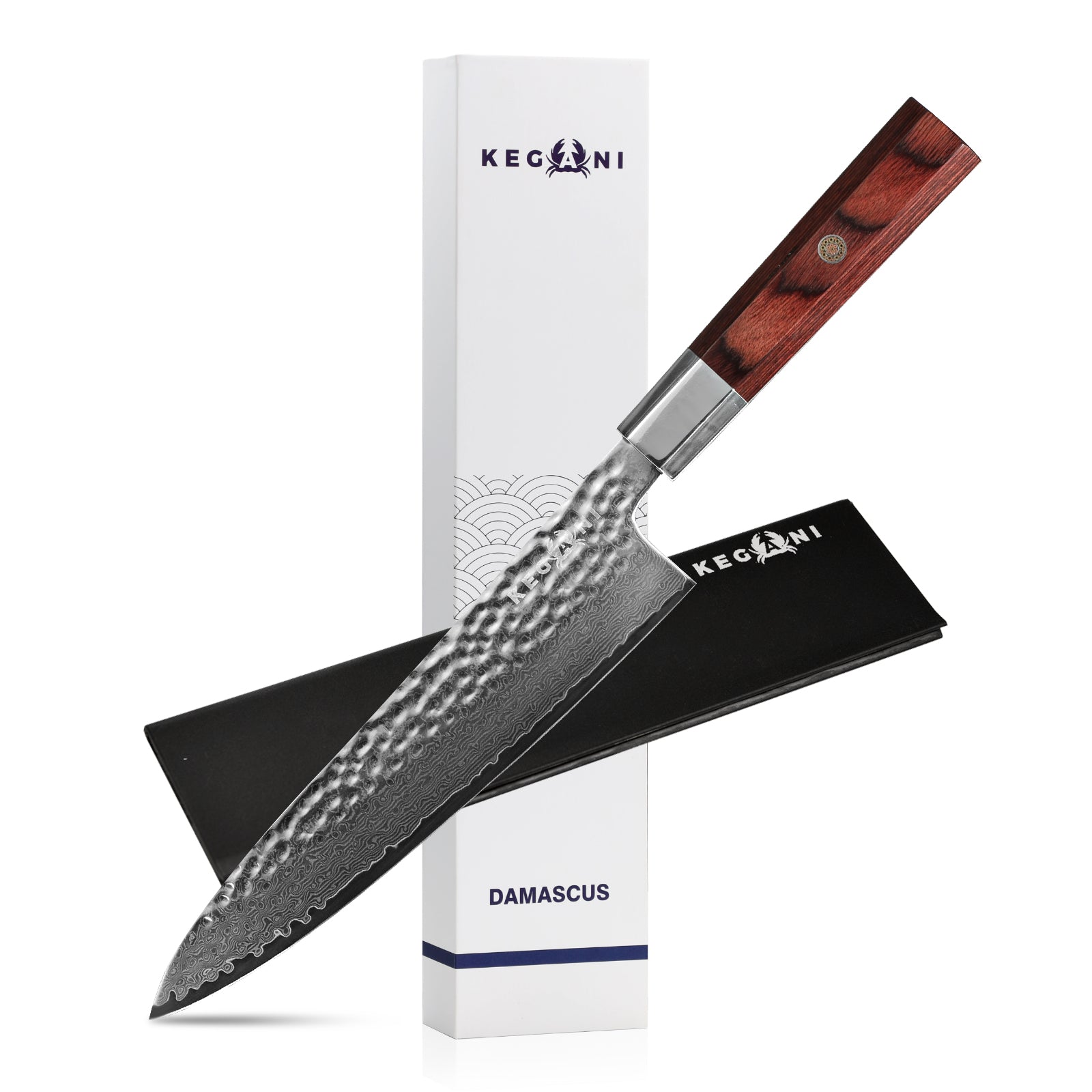 Kegani Damascus Japanese Chef Knife – 67 Layers VG-10 Steel Hammered Blade with Rosewood Handle