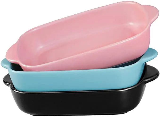 Ceramic Rectangular Baking Dish with Handles - Oven & Microwave Safe Pink Blue Black