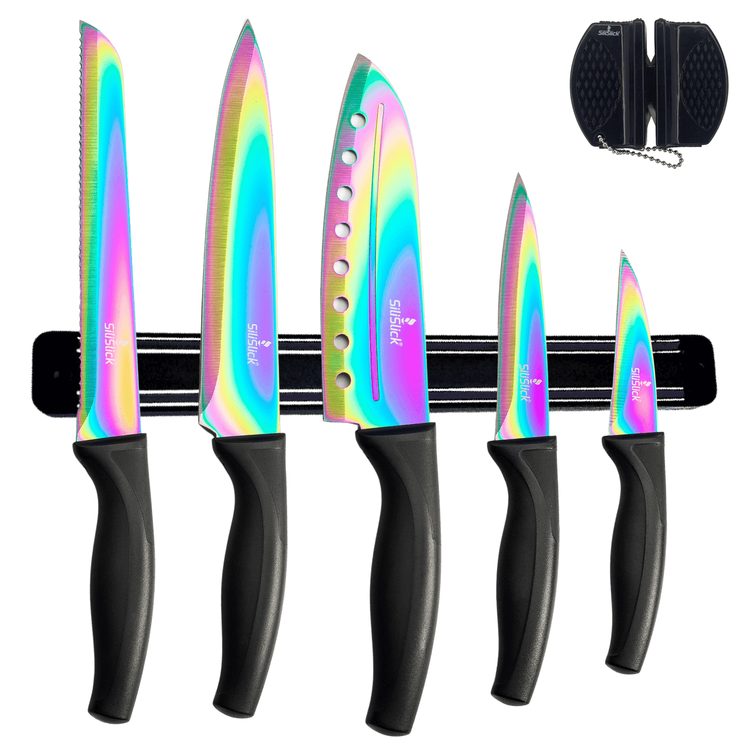 Kitchen Knife Set Kit | Black Handle, Black Magnetic Rack & Sharpener