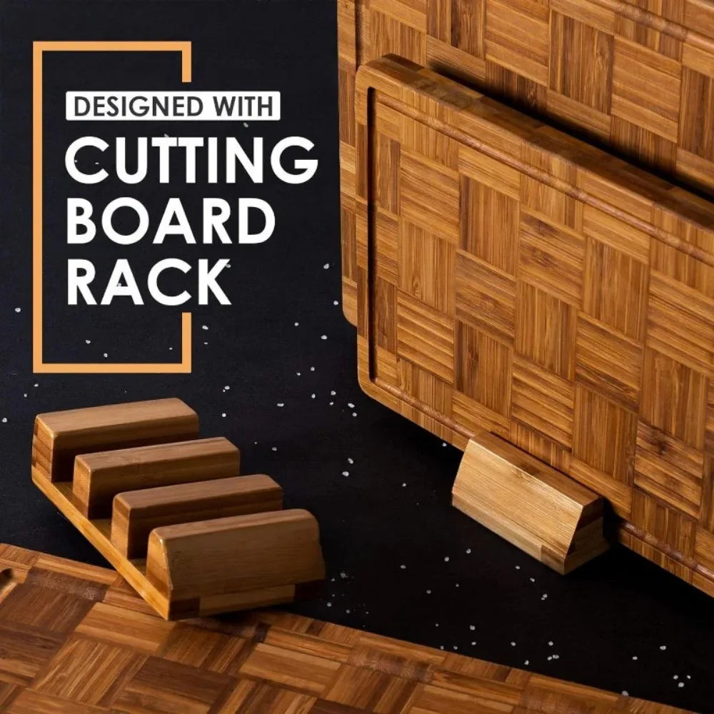 Premium Bamboo Cutting Board Set with Stand – 4-Piece End-Grain Chopping Boards with Juice Grooves &amp; Storage Rack | Durable, Knife-Friendly Kitchen Board Set