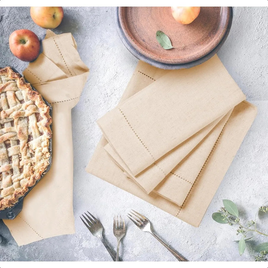 Linen Napkins Set of 12 | Hemstitched Natural Flax Cloth Napkins - Washable & Reusable