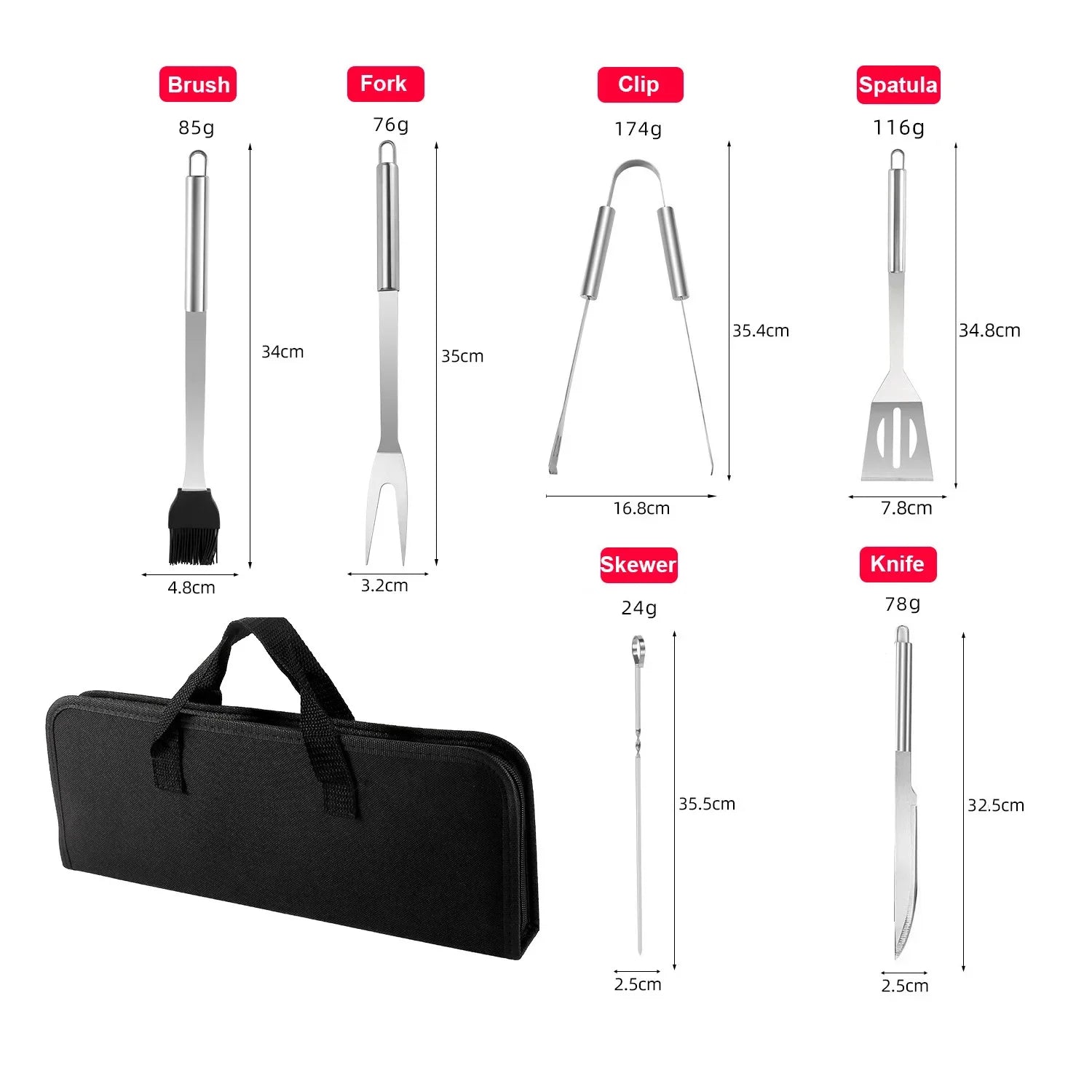 Stainless Steel BBQ Tool Kit with Storage Bag | 3, 5, 7 & 9-Piece Sets