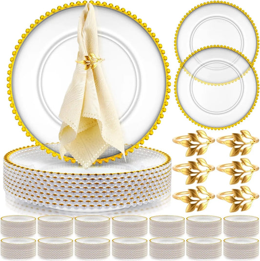 50-Pack Clear Charger Plates – 13-Inch Beaded Plastic Acrylic Dinner Plates with Napkin Rings for Weddings, Parties & Events United States