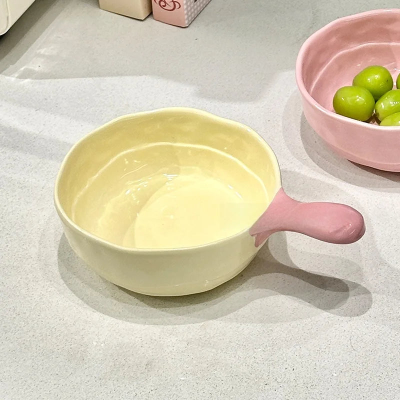 Cute Double-Eared Ceramic Soup Bowl Color block handle bowl-cream yellow