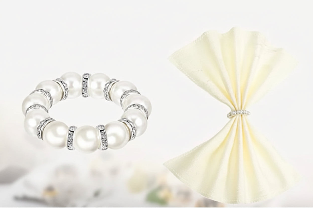 Silver Pearl Napkin Rings Set of 50 | Rhinestone Beaded Serviette Holders for Weddings & Parties