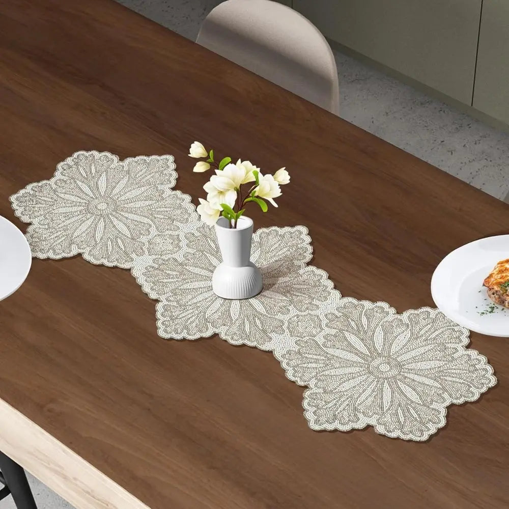 Silver-White Beaded Table Runner – Handcrafted Snowflake Design for Elegant Dining