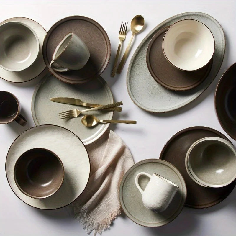 Banks Brown 12-Piece Stoneware Dinnerware Set - Rustic Tableware Collection
