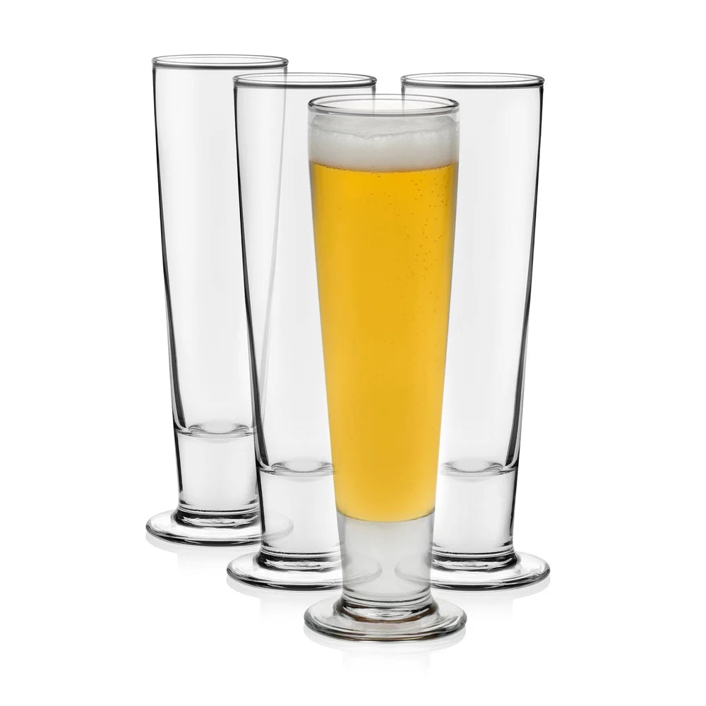 Set of 4 Tall Pilsner Beer Glasses – 14.5 oz Clear European Pub Glassware with Weighted Base