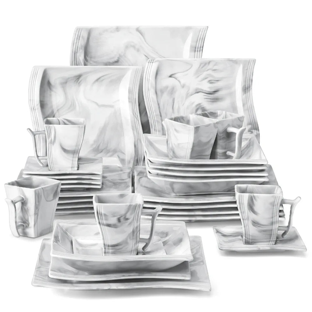 MALACASA FLORA 30-Piece Marble Porcelain Dinnerware Set – Complete Tableware Service for 6 United States 30PCS