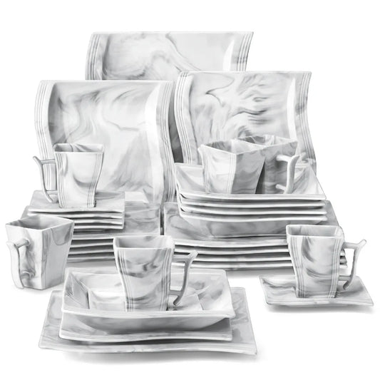 MALACASA FLORA 30-Piece Marble Porcelain Dinnerware Set – Complete Tableware Service for 6 United States 30PCS