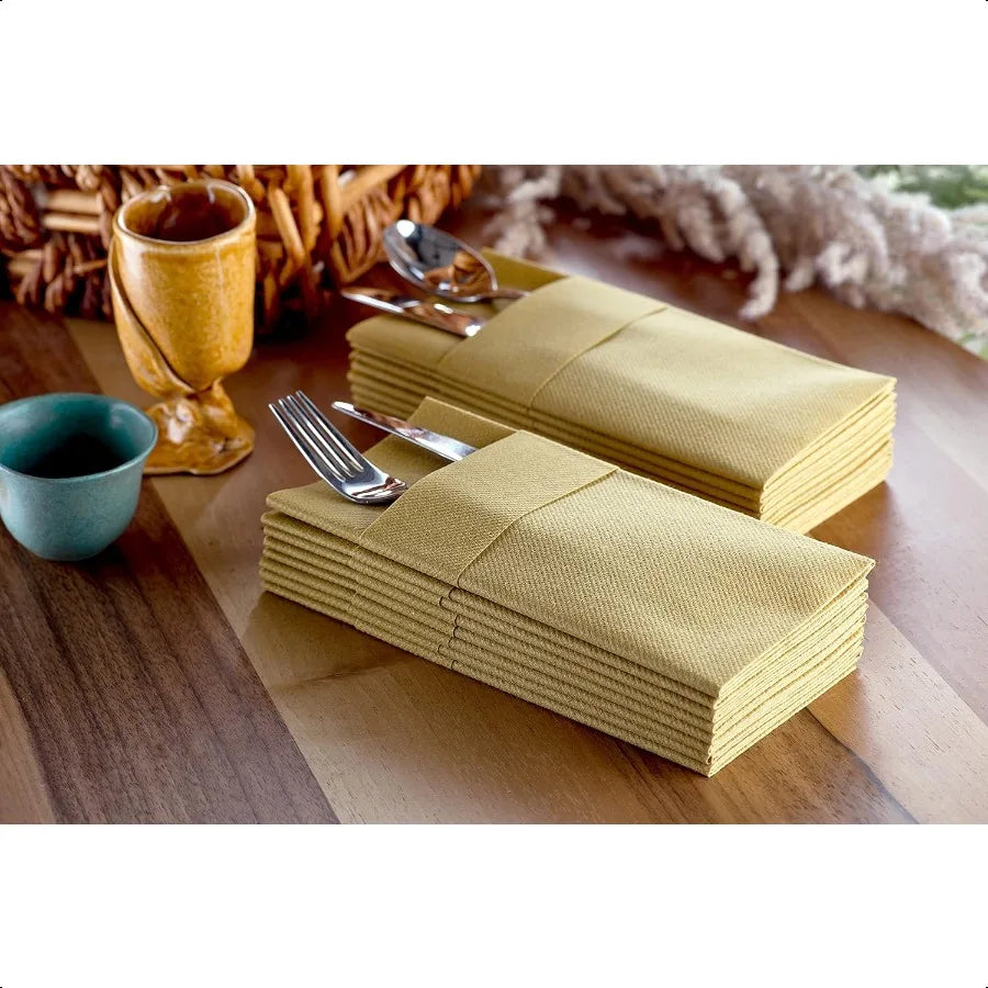Gold Dinner Napkins with Built-In Flatware Pocket – Linen-Feel, Absorbent Cloth Napkins