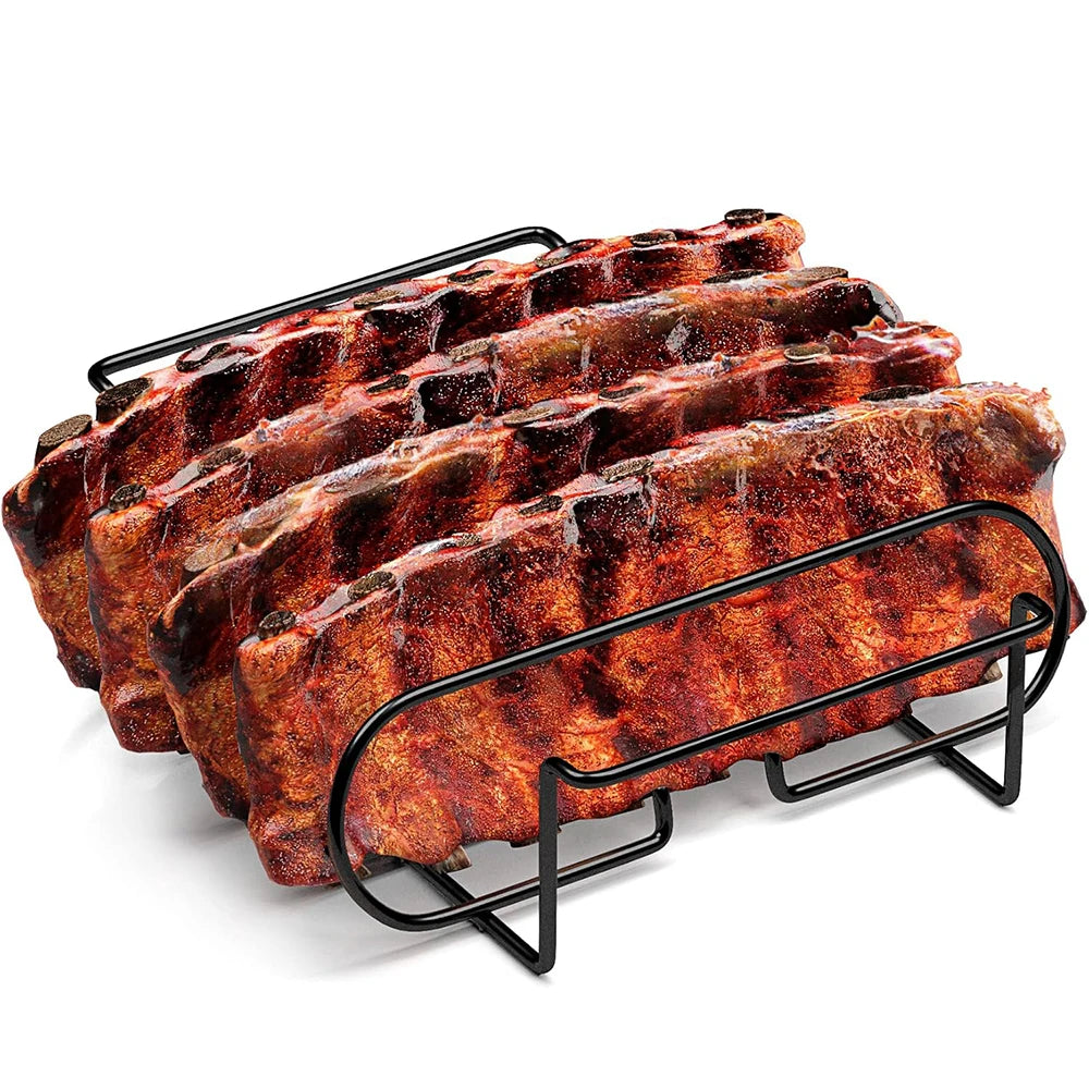 BBQ Rib Rack Stand | Non-Stick Coated Steel | Holds 4 Racks — Black & Silver