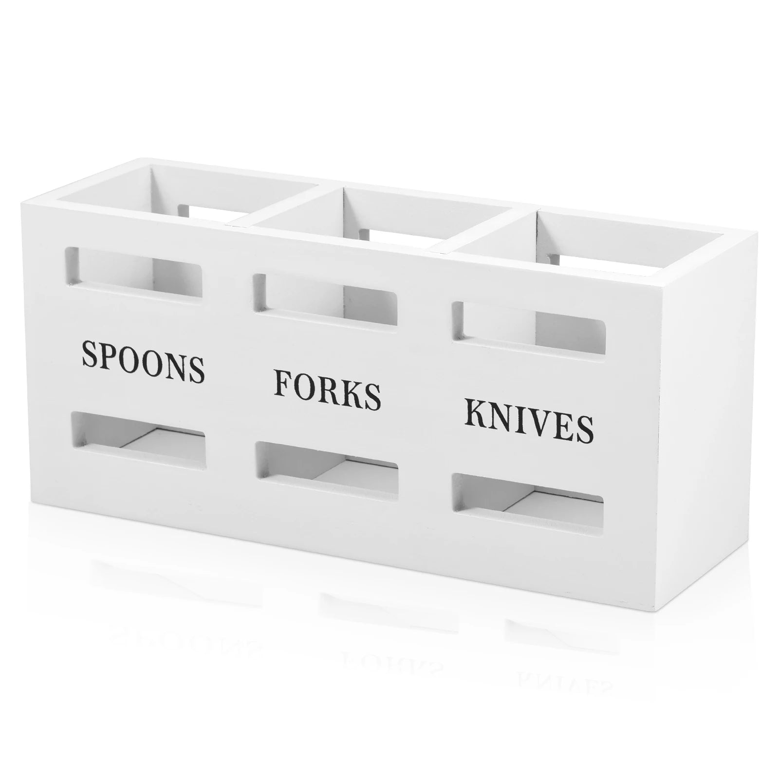 Wood Utensil Caddy – 3-Compartment Silverware Organizer for Kitchen Countertop White
