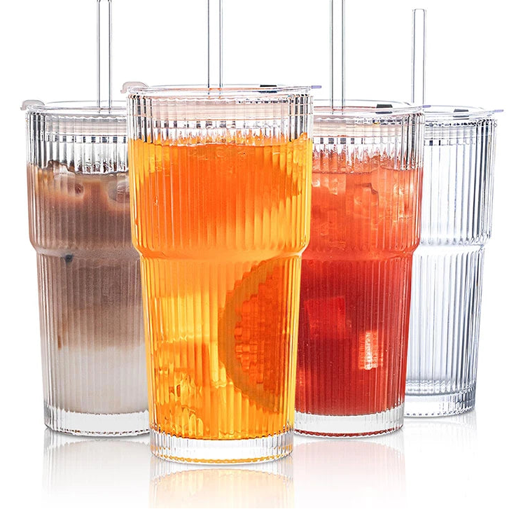 20 oz Ribbed Glass Tumblers with Lids and Straws